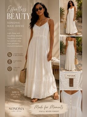 Sonoma Cream Maxi Dress with V-Neck and Button Front size small